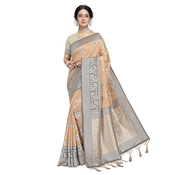 Rekha Maniyar Womens Cotton Woven Banarasi Silk Saree With Unstitched Blouse (KALPANA)