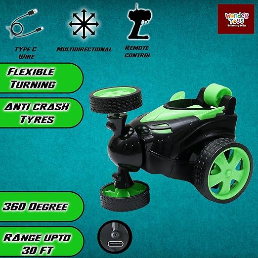 Wonder Toys 360? Stunt, Flip, Rotating & Rolling RC Car for Kids ? Rechargeable RC Car with Dual Motors, Flexible Turning & Anti-Crash Tyres | Remote Control Toy with USB Charger | Green Edition - Image 4