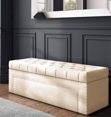 Roman Velvet Upholstered Ottoman Ripit with Storage 2 Seater Sofa Storage Box Footstool Toy Chest Shoe Bench Seats and Bed End Storage (Cream)