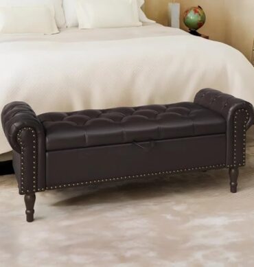Teak Wood Dawsey Upholstered Storage Bench 2 Seater Sofa Upholstered Ottoman Bench with Storage for Living Room Bedroom Entryway (Dark Brown Leather)