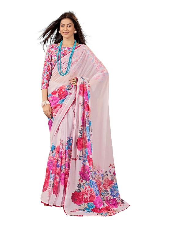 Garden Vareli Floral Printed Slub Taspa Saree With Unstitched Blouse Piece
