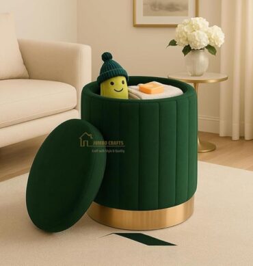Round Luxurious Ottoman with Storage Box Dutch Velvet Pouffe Footstool, Footrest Vanity Stool for Bedroom Living Room Balcony Snack, Storage for Kids Toys - (Green)