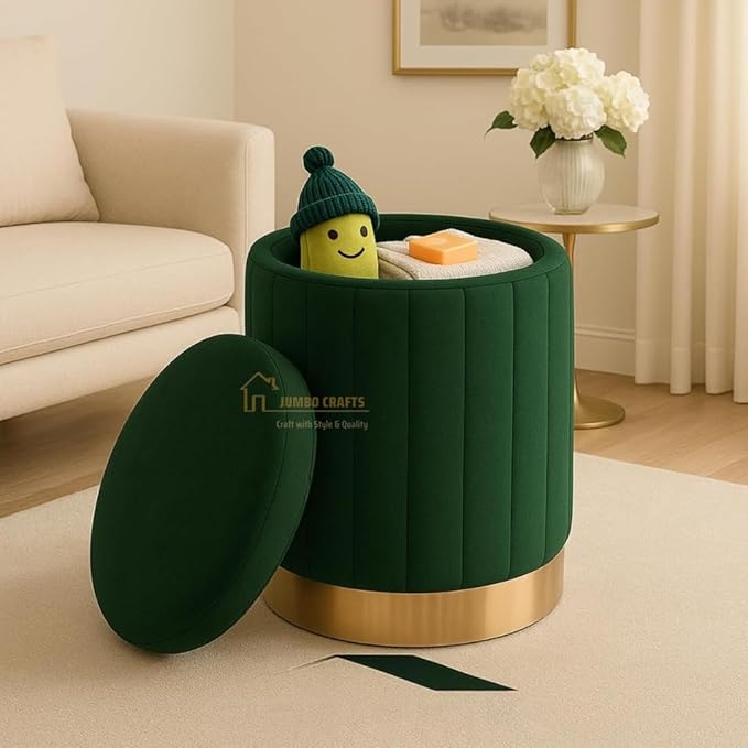 Round Luxurious Ottoman with Storage Box Dutch Velvet Pouffe Footstool, Footrest Vanity Stool for Bedroom Living Room Balcony Snack, Storage for Kids Toys - (Green)