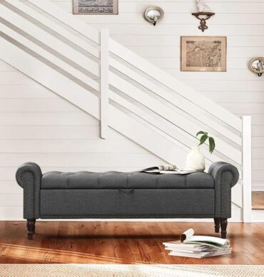 Teak Wood Dawsey Upholstered Storage Bench 2 Seater Sofa Upholstered Ottoman Bench with Storage for Living Room Bedroom Entryway (Dark Grey)