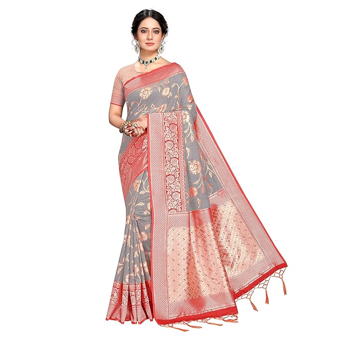 Rekha Maniyar Womens Cotton Woven Banarasi Silk Saree With Unstitched Blouse (KALPANA)