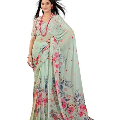 Garden Vareli Floral Printed Slub Taspa Saree With Unstitched Blouse Piece