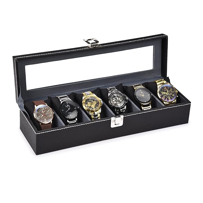 Men's and Women's Leatherette Watch organizer holder Case for 6 Watches, Removable Watch Pillows, Watch Box Holder, Gift for Loved Ones (Black::Grey)