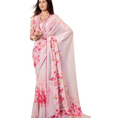 Garden Vareli Floral Printed Slub Taspa Saree With Unstitched Blouse Piece