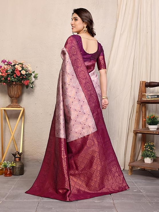 Women's Kanjivaram Soft Silk Banarasi Saree With Blouse Piece | Banarasi Sari For Women | Saree with Blosepiece - Image 4