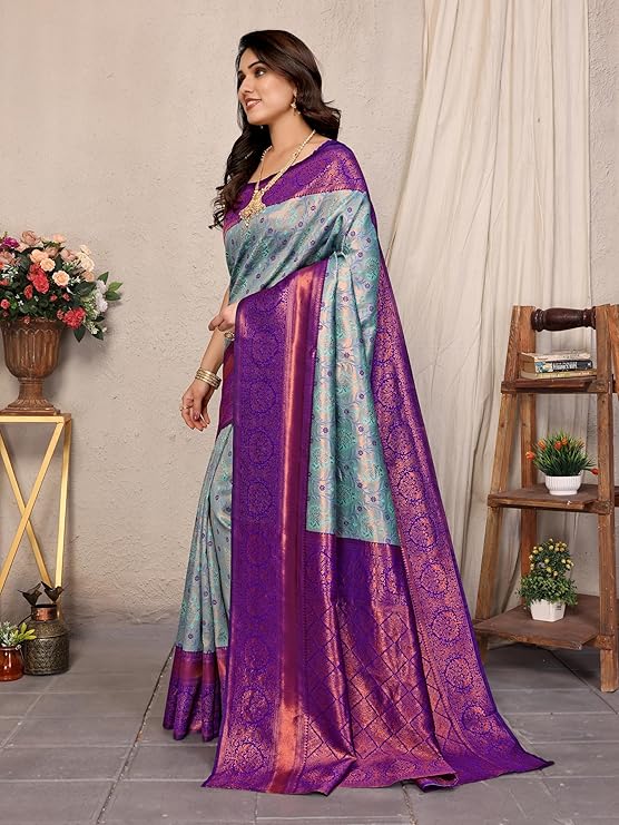 Women's Kanjivaram Soft Silk Banarasi Saree With Blouse Piece | Banarasi Sari For Women | Saree with Blosepiece - Image 3
