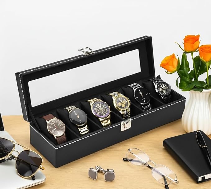 Men's and Women's Leatherette Watch organizer holder Case for 6 Watches in Black and Black Color, Removable Watch Pillows, Watch Box Holder, Gift for Loved Ones