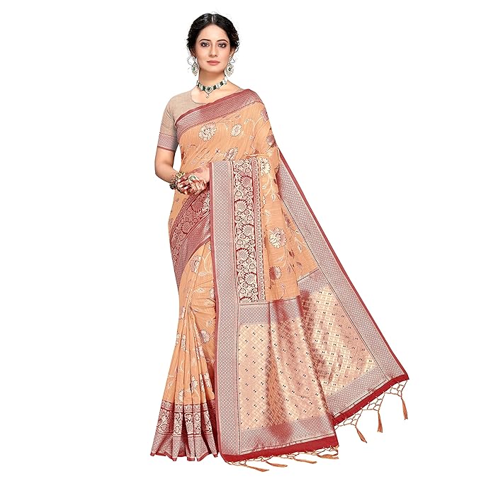 Rekha Maniyar Womens Cotton Woven Banarasi Silk Saree With Unstitched Blouse (KALPANA)