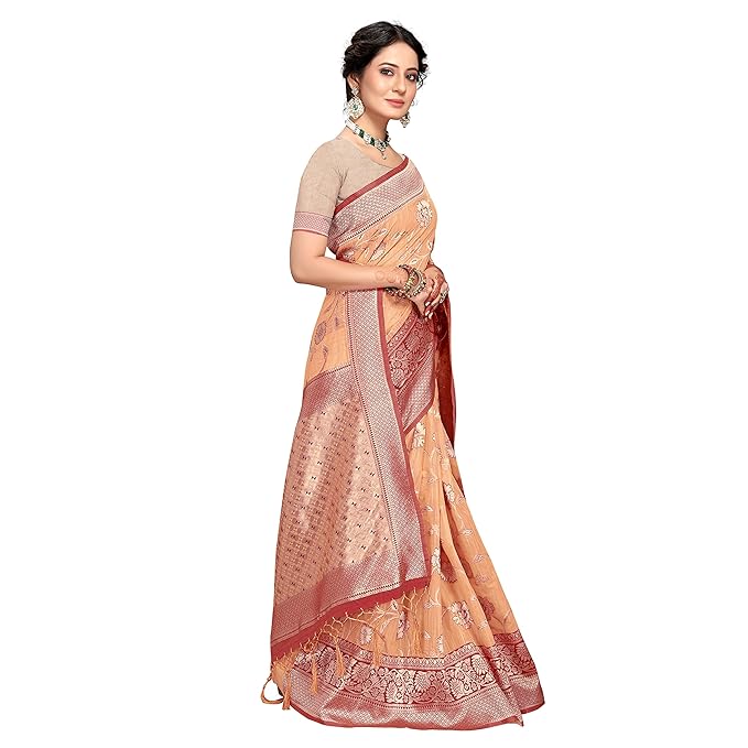 Rekha Maniyar Womens Cotton Woven Banarasi Silk Saree With Unstitched Blouse (KALPANA) - Image 4