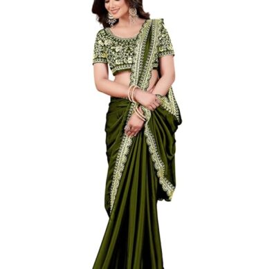Women's Silk Saree with Embroidered Blouse Piece, Traditional Party Wear with Gold Border and Hand Work Lace