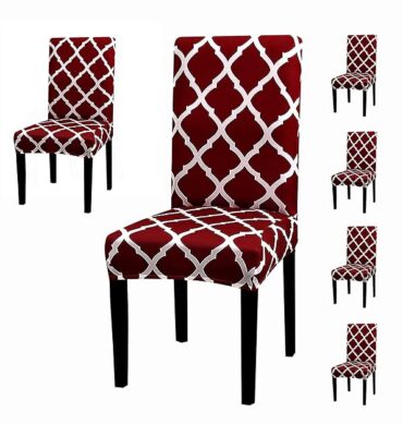 House of Quirk Elastic Chair Cover Stretch Removable Washable Short Dining Chair Cover Protector Seat Slipcover - (Maroon Diamond) (Pack of 6, Polyester, Printed)