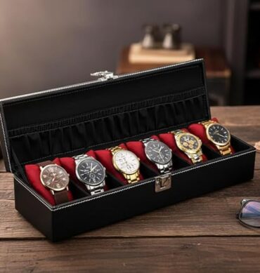 Men's and Women's Leatherette Watch organizer holder Case for 6 Watches, Removable Watch Pillows, Watch Box Holder, Gift for Loved Ones (Black::Maroon)