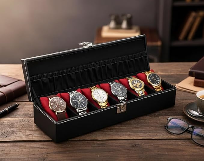 Men's and Women's Leatherette Watch organizer holder Case for 6 Watches, Removable Watch Pillows, Watch Box Holder, Gift for Loved Ones (Black::Maroon)