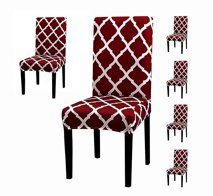 House of Quirk Elastic Chair Cover Stretch Removable Washable Short Dining Chair Cover Protector Seat Slipcover - (Maroon Diamond) (Pack of 6, Polyester, Printed)