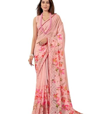 Garden Vareli Floral Printed Slub Taspa Saree With Unstitched Blouse Piece