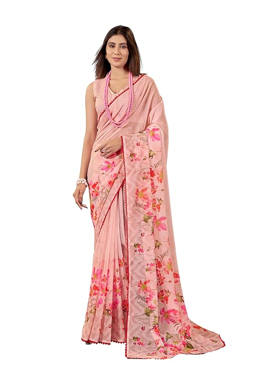 Garden Vareli Floral Printed Slub Taspa Saree With Unstitched Blouse Piece