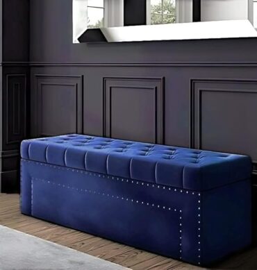 Roman Velvet Upholstered Ottoman Ripit with Storage 2 Seater Sofa Storage Box Footstool Toy Chest Shoe Bench Seats and Bed End Storage (Navy Blue)