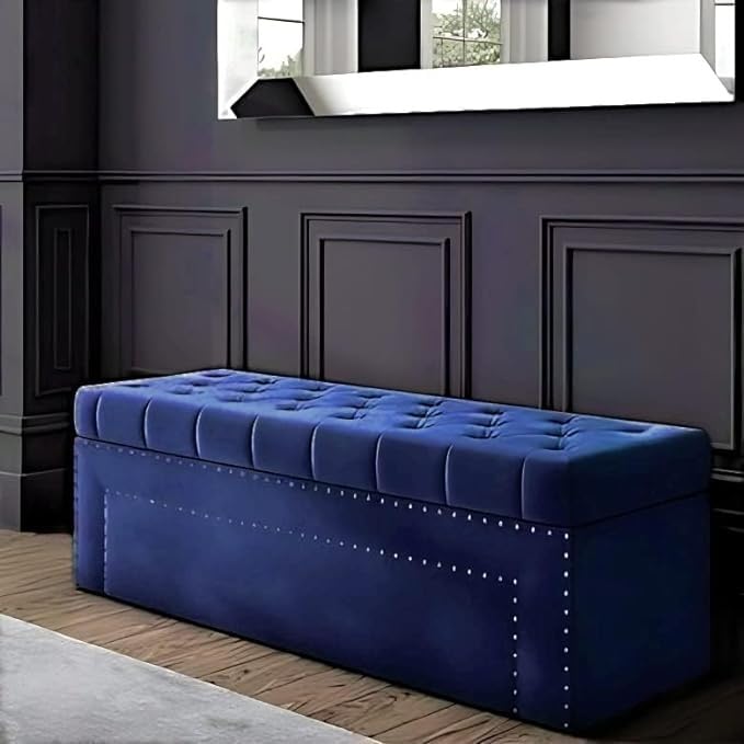 Roman Velvet Upholstered Ottoman Ripit with Storage 2 Seater Sofa Storage Box Footstool Toy Chest Shoe Bench Seats and Bed End Storage (Navy Blue)