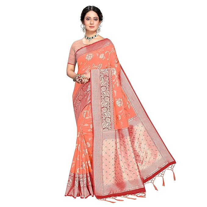 Rekha Maniyar Womens Cotton Woven Banarasi Silk Saree With Unstitched Blouse (KALPANA)