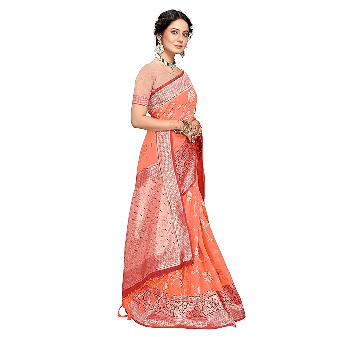 Rekha Maniyar Womens Cotton Woven Banarasi Silk Saree With Unstitched Blouse (KALPANA) - Image 4