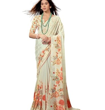 Garden Vareli Floral Printed Slub Taspa Saree With Unstitched Blouse Piece