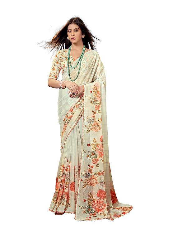 Garden Vareli Floral Printed Slub Taspa Saree With Unstitched Blouse Piece