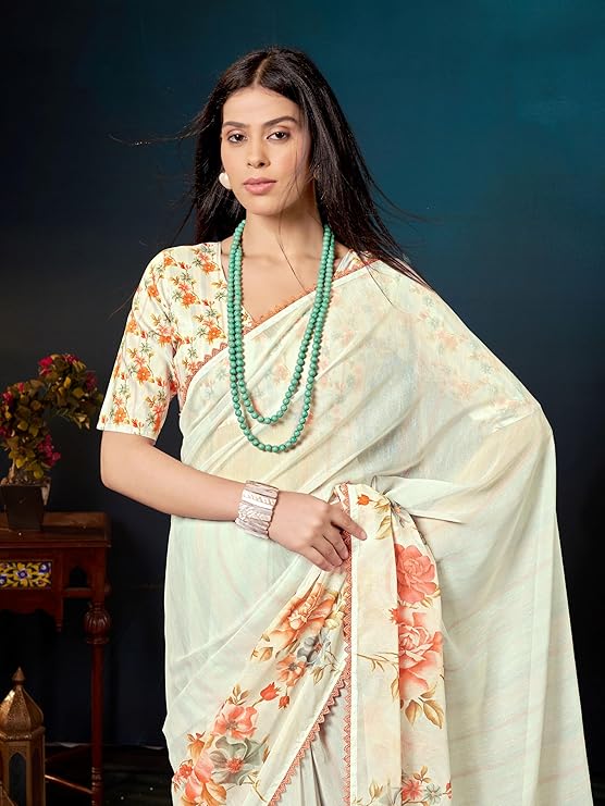 Garden Vareli Floral Printed Slub Taspa Saree With Unstitched Blouse Piece - Image 3