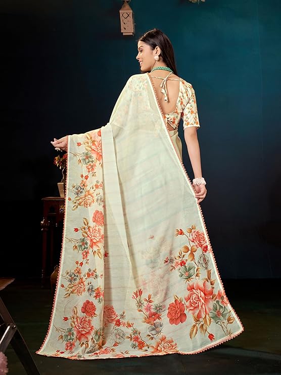 Garden Vareli Floral Printed Slub Taspa Saree With Unstitched Blouse Piece - Image 4