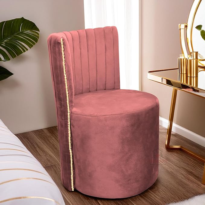 Luxury Velvet Ottoman Chair Pouffe Stool?Modern Round Soft-Padded Chair for Dining Room, Living Room/Cafeteria Seating/Bedroom and Dressing Area/Ottoman with Backrest (Pink)