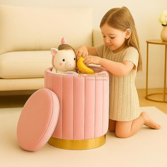 Round Luxurious Ottoman with Storage Box Dutch Velvet Pouffe Footstool, Footrest Vanity Stool for Bedroom Living Room Balcony Snack, Storage for Kids Toys - (Pink)