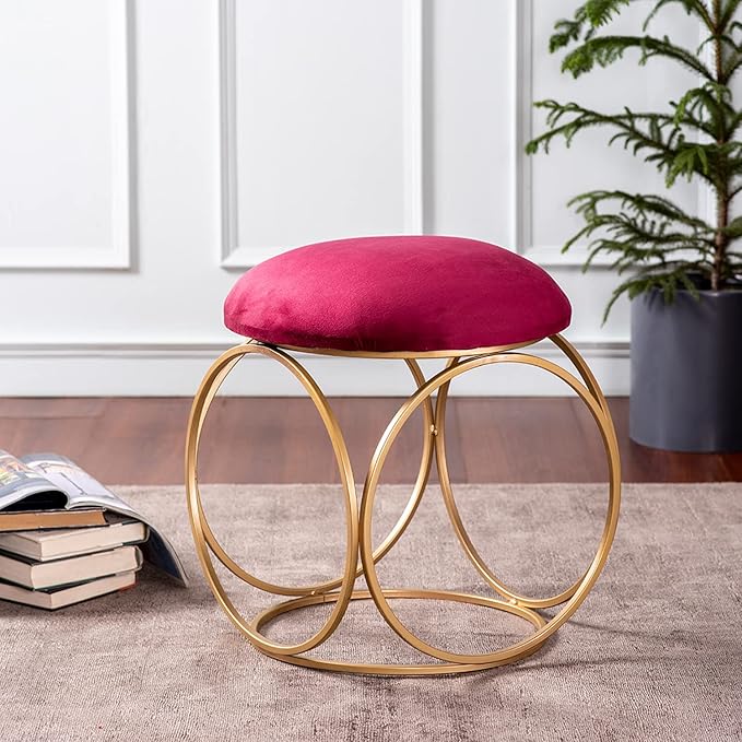 nestroots Ottoman Stool for Living Room - Metallic Stools for Sitting, Bedroom Pouffes, Side Table | 18 Inch Height, Maroon Ring Design | Stylish & Durable Footrest Stool for Home