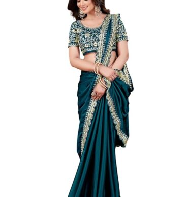 Women's Silk Saree with Embroidered Blouse Piece, Traditional Party Wear with Gold Border and Hand Work Lace