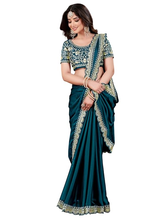 Women's Silk Saree with Embroidered Blouse Piece, Traditional Party Wear with Gold Border and Hand Work Lace