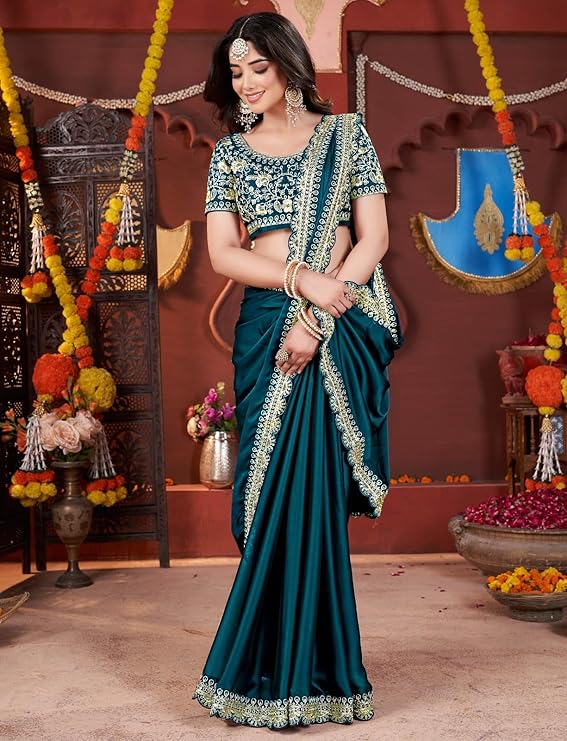 Women's Silk Saree with Embroidered Blouse Piece, Traditional Party Wear with Gold Border and Hand Work Lace - Image 2
