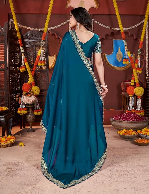Women's Silk Saree with Embroidered Blouse Piece, Traditional Party Wear with Gold Border and Hand Work Lace - Image 3