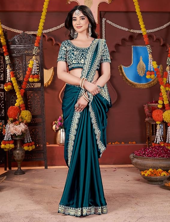 Women's Silk Saree with Embroidered Blouse Piece, Traditional Party Wear with Gold Border and Hand Work Lace - Image 4