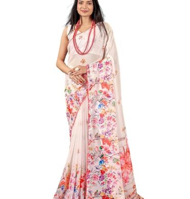 Garden Vareli Floral Printed Slub Taspa Saree With Unstitched Blouse Piece