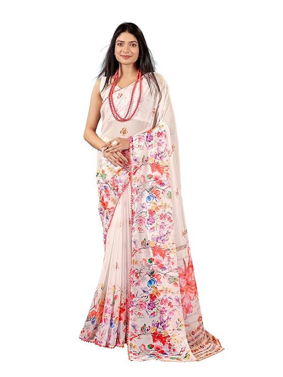 Garden Vareli Floral Printed Slub Taspa Saree With Unstitched Blouse Piece