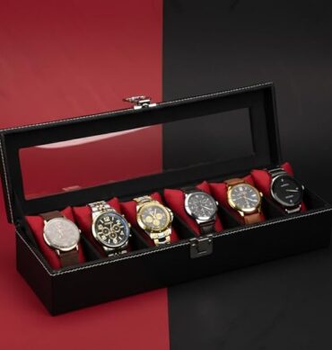 Men's and Women's Leatherette Watch organizer holder Case for 6 Watches, Removable Watch Pillows, Watch Box Holder, Gift for Loved Ones (Black::Red)