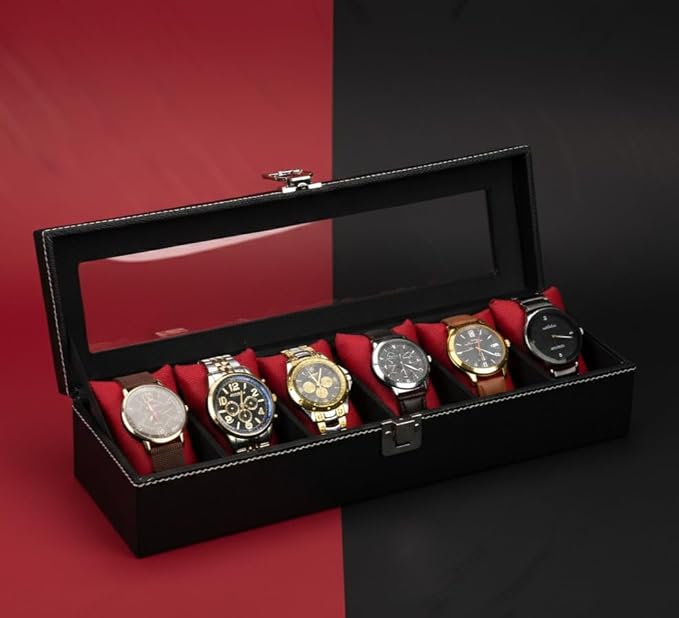 Men's and Women's Leatherette Watch organizer holder Case for 6 Watches, Removable Watch Pillows, Watch Box Holder, Gift for Loved Ones (Black::Red)