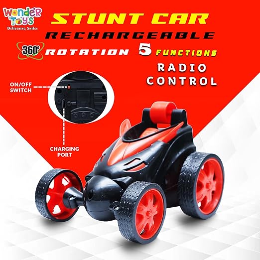 Wonder Toys 360? Stunt, Flip, Rotating & Rolling RC Car for Kids ? Rechargeable RC Car with Dual Motors, Flexible Turning & Anti-Crash Tyres | Remote Control Toy with USB Charger | Red Edition - Image 2