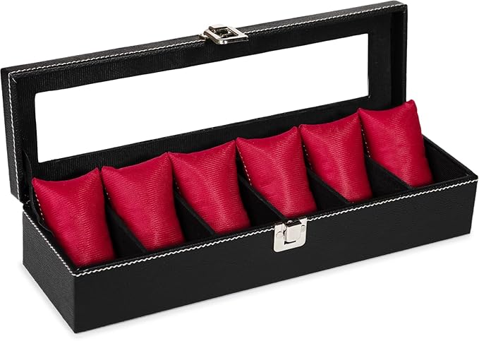 Men's and Women's Leatherette Watch organizer holder Case for 6 Watches, Removable Watch Pillows, Watch Box Holder, Gift for Loved Ones (Black::Red) - Image 2