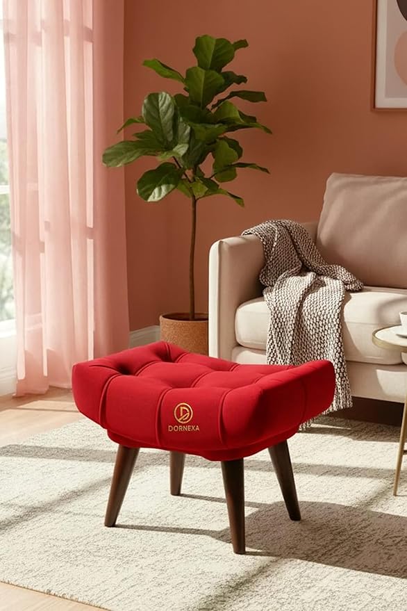 Soft Fabric Comfortable Cushion Ottoman Footrest Stool for Living Room (Red) - Image 3