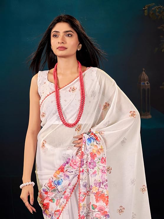 Garden Vareli Floral Printed Slub Taspa Saree With Unstitched Blouse Piece - Image 3