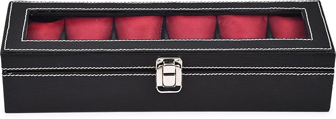 Men's and Women's Leatherette Watch organizer holder Case for 6 Watches, Removable Watch Pillows, Watch Box Holder, Gift for Loved Ones (Black::Red) - Image 3
