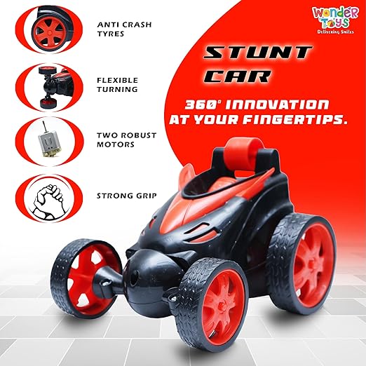 Wonder Toys 360? Stunt, Flip, Rotating & Rolling RC Car for Kids ? Rechargeable RC Car with Dual Motors, Flexible Turning & Anti-Crash Tyres | Remote Control Toy with USB Charger | Red Edition - Image 4